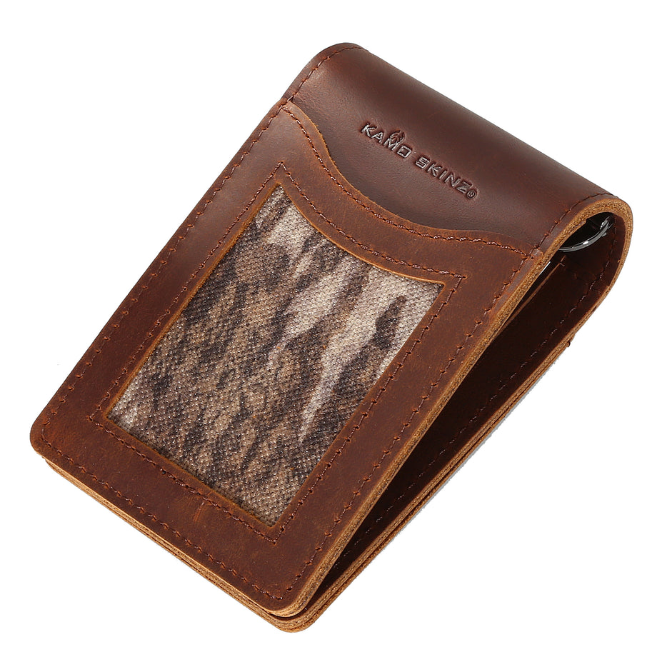 Leather Folding Money Clip Wallet with Mossy Oak® New Bottomland